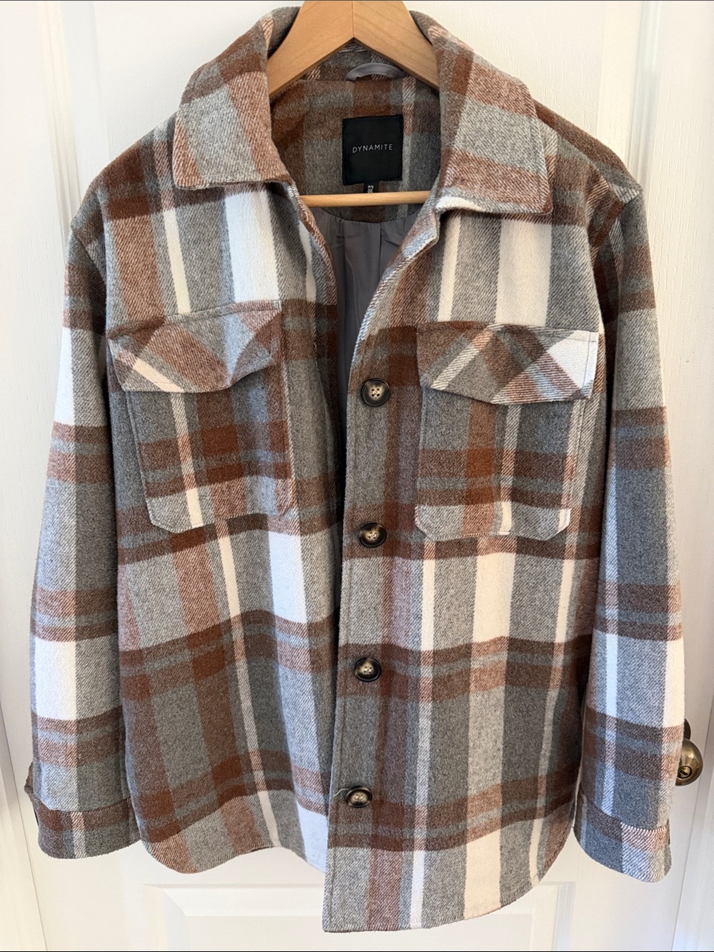 Dynamite women’s Plaid Shirt Jacket in Brown, Gray & White